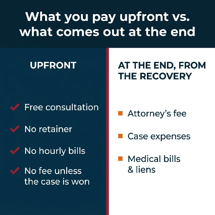 Two-column comparison. Upfront: free consultation, no retainer, no hourly bills, no fee unless the case is won. At the end, from the recovery: attorney's fee, case expenses, medical bills and liens.